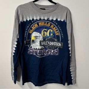 Y2K HARLEY DAVIDSON men's blue grey tie dye double sided graphic shirt, L.